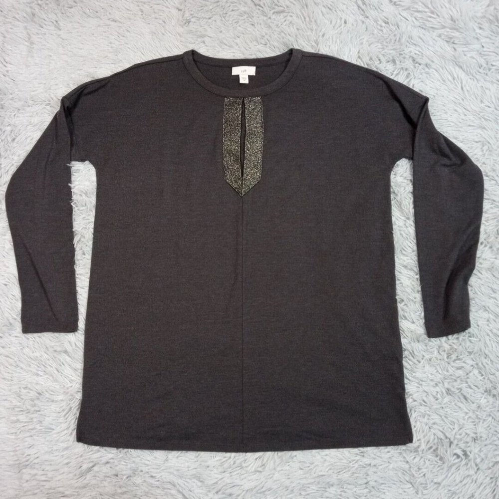 J. Jill Womens Shirt‎ Gray Oversized Tee 3/4 Sleeve Stretch Top Sparkly Keyhole